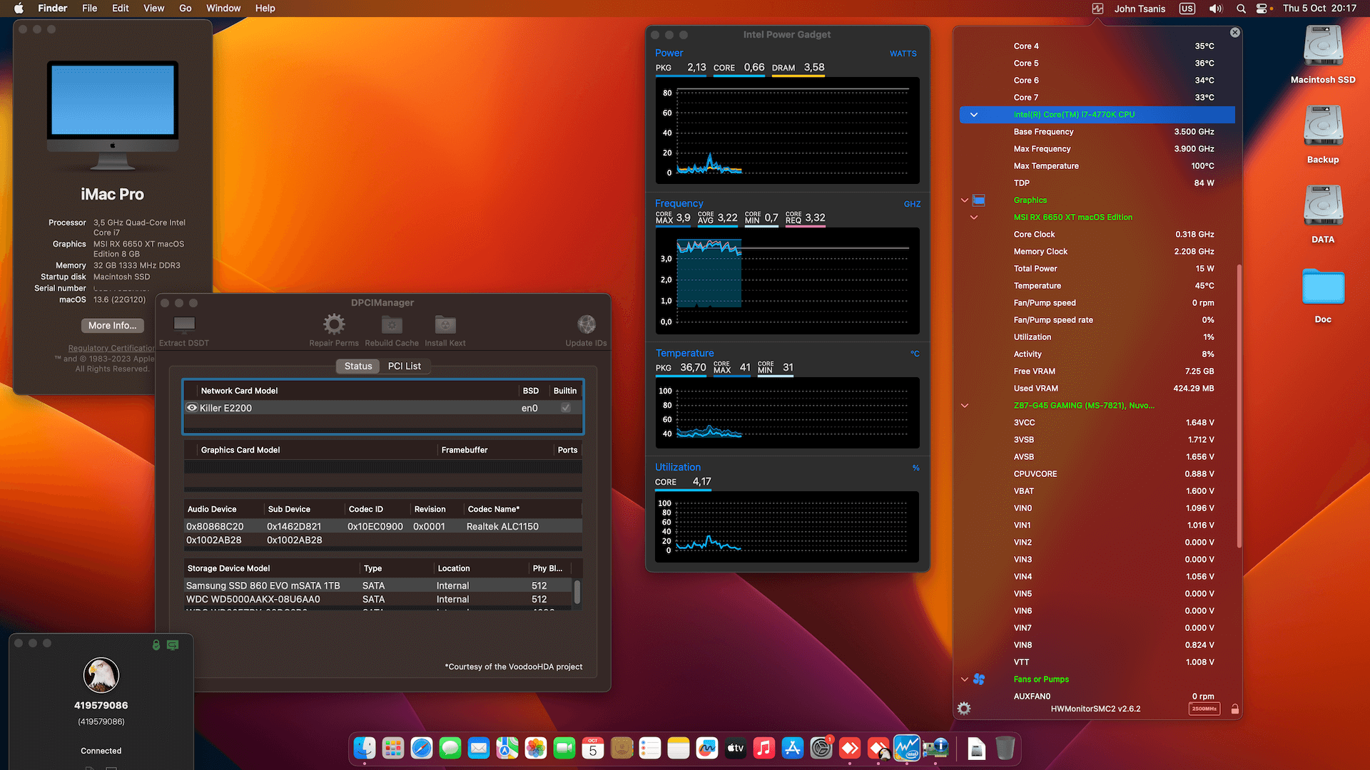 Success Hackintosh macOS Ventura 13.6 Build 22G120 in MSI Z87-G45 Gaming + Intel Core i7 4770K + MSI RX 6650 XT